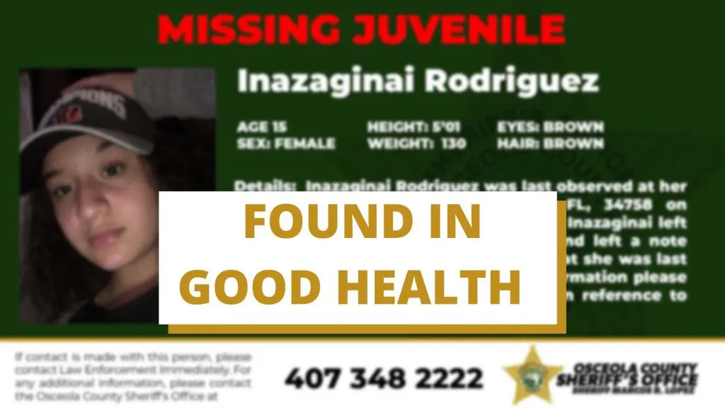 Update Missing Juvenile - Inazaginai Rodriguez has been found in good health. Sheriff Marcos R. Lopez and the Osceola County Sheriff’s Office thank you for your help.