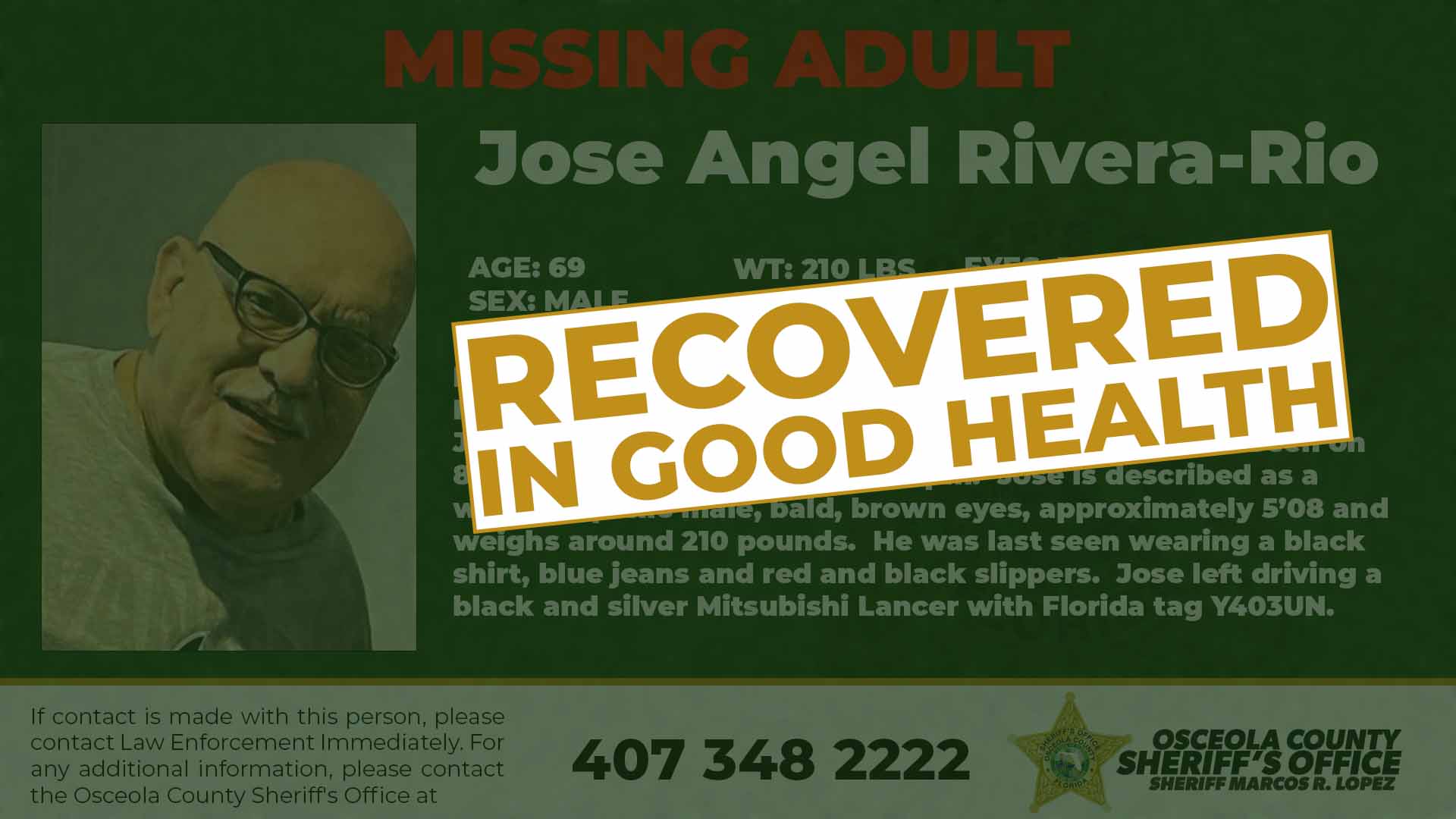 MISSING ADULT - Jose Angel Rivera-Rio FOund in good health