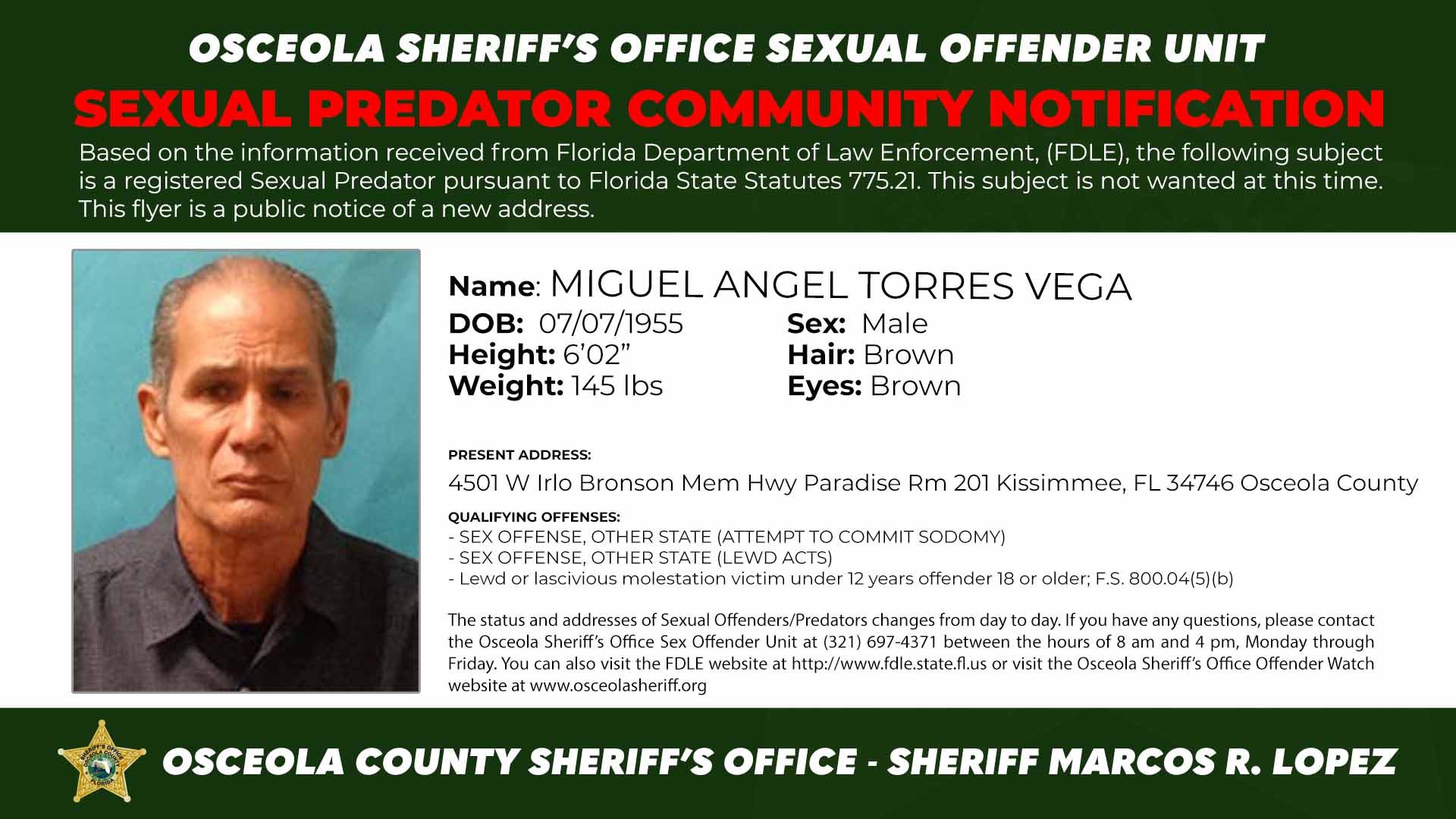 MIGUEL ANGEL TORRES VEGA - Sexual Predator Notification