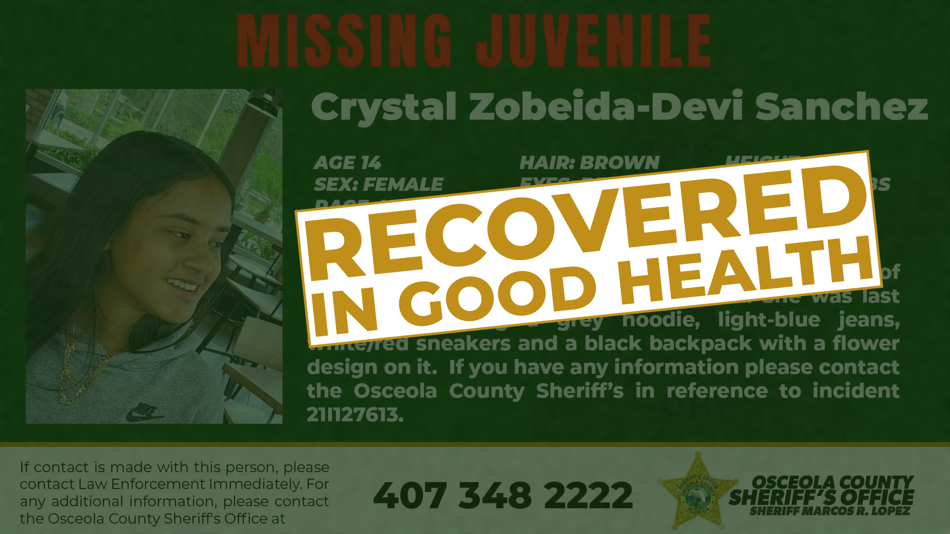 MISSING JUVENILE - Crystal Zobeida-Devi Sanchez